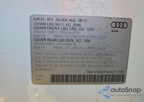 2013 Audi Q5 Premium Hybrid из США, поврежденный, VIN WA1C8AFP9DA011766
